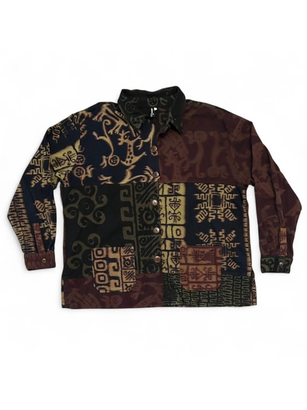 Vtg 90s Winter Sun Patchwork Tribal Shirt Jacket Art to Wear L XL 2XL Boxy Fit